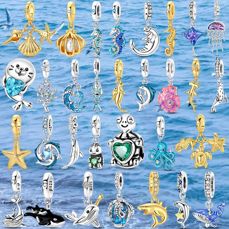 Modische 925 Sterling Silber Sommer Ozeanwelt Serie Meeresschildkröte Hai Krabbe Seepferdchen Charms Perlen Passend für 925 Armband DIY Schmuck