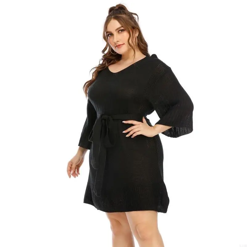 l38e-donna-autunno-midi-maglioni-svasato-manica-3-4-scollo-a-v-cravatta-nodo-unita-abito-allentato-casual