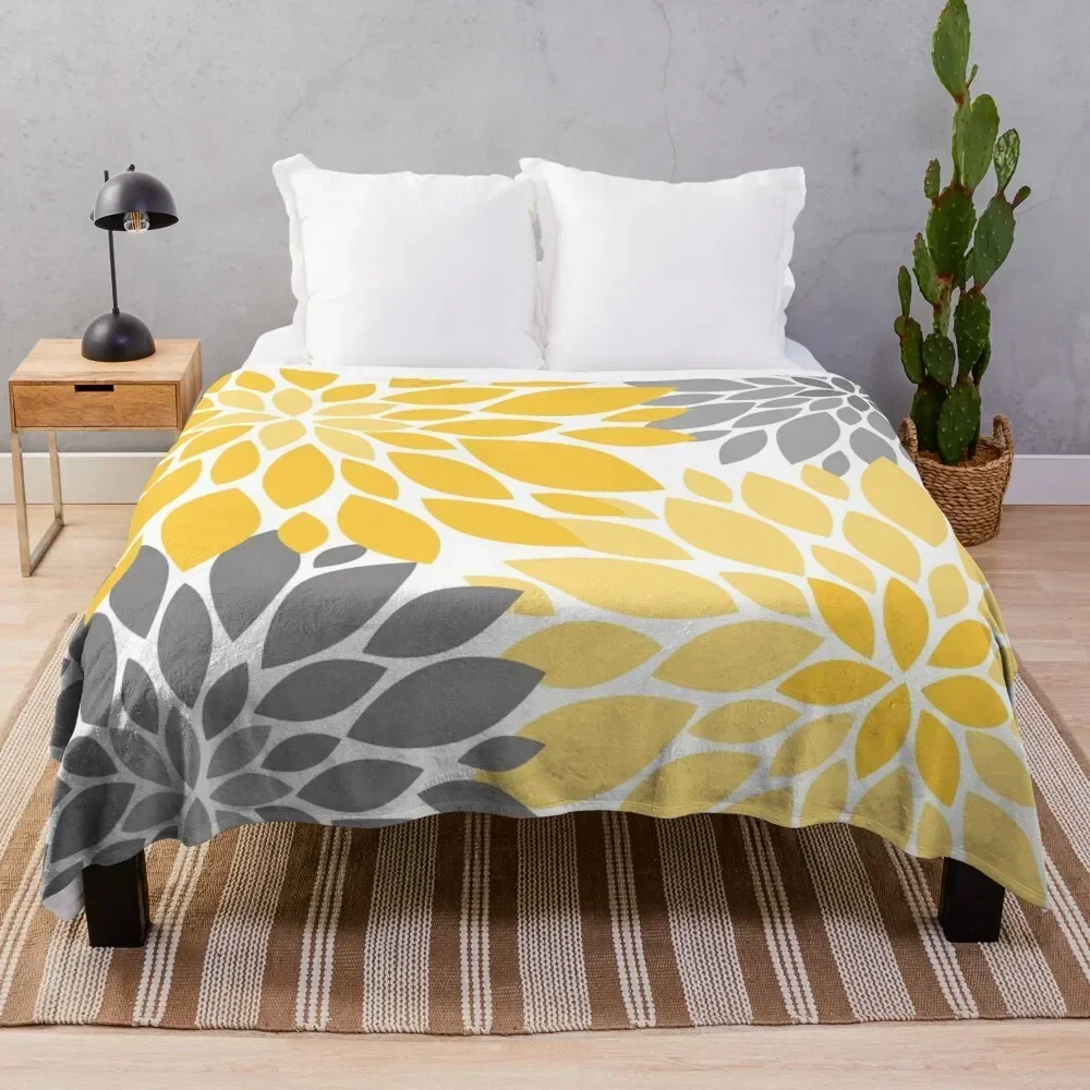 Yellow and Gray Dahlia Floral Pattern Throw Blanket Hairy Bed covers Blankets