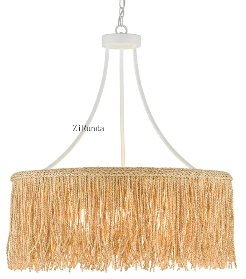 Rustic and natural, the skirt is woven from Abaca rope chandeliers for use in the office reading room