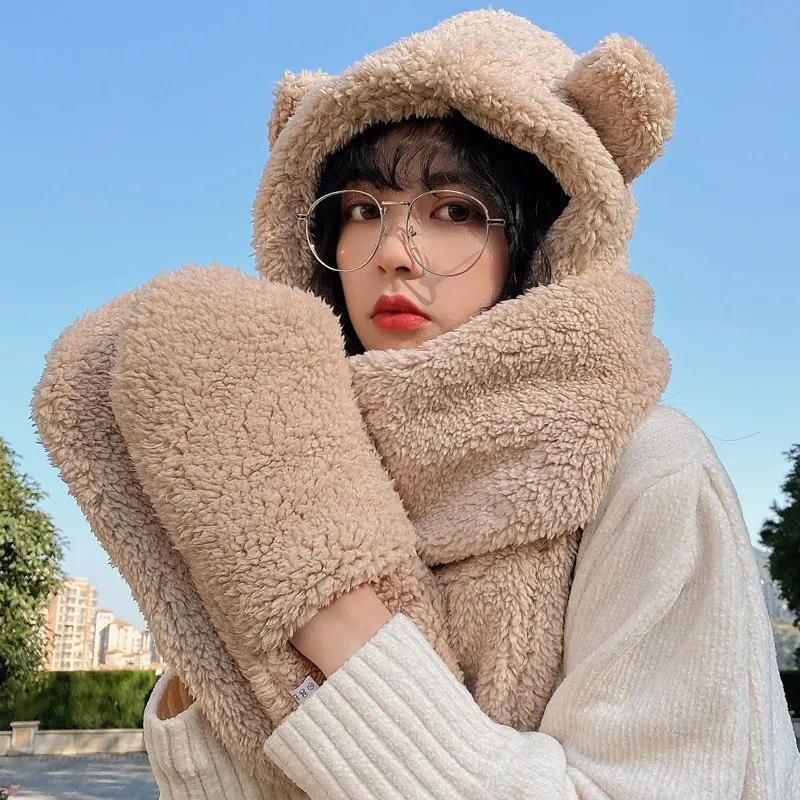 New Cute Bear Ear Hat Scarf Gloves Set Winter Women Beanies Caps Warm Casual Plush Hats Casual Solid Fleece Girl Kawaii Present