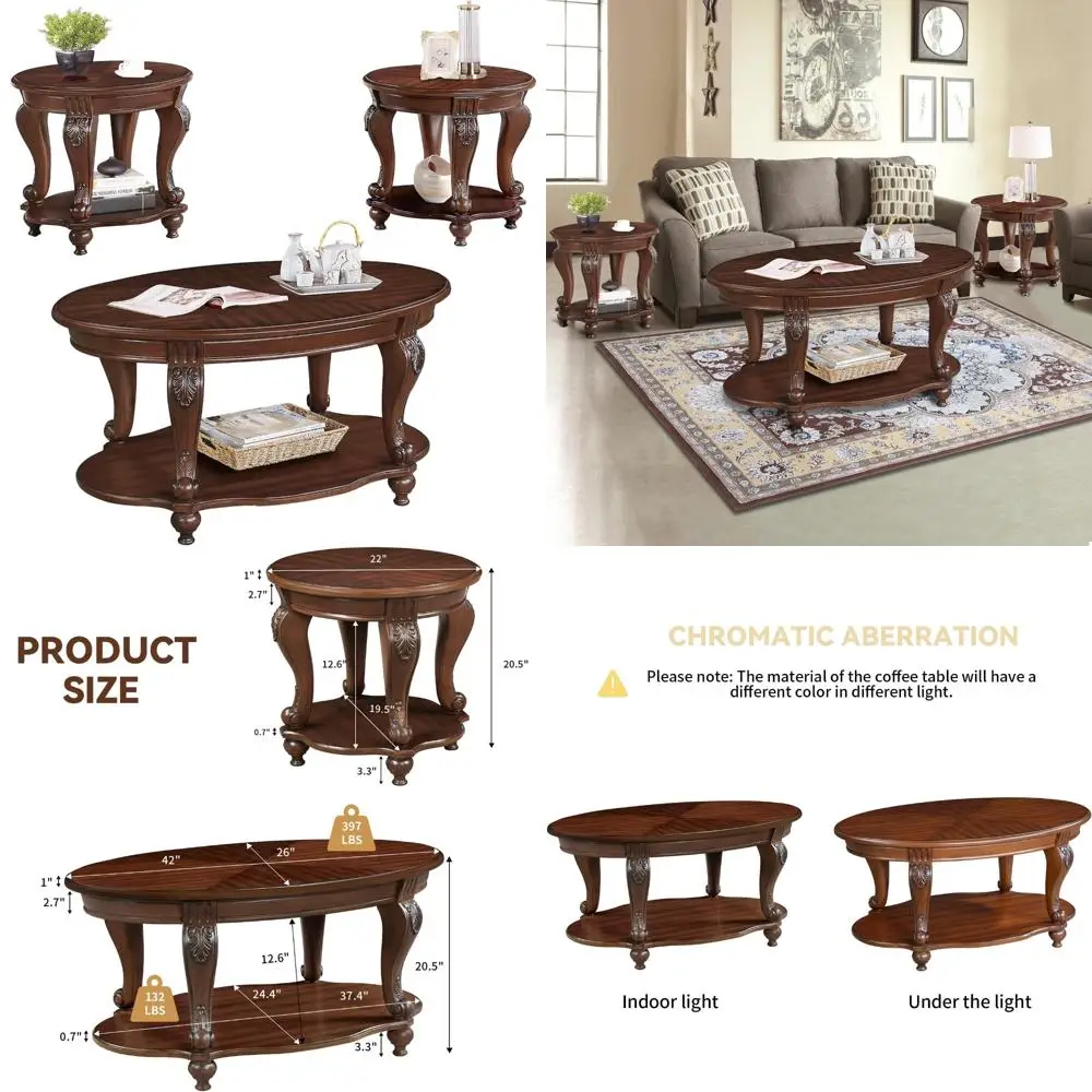 

Farmhouse Style Oval and Round Coffee Table Set with Storage Shelf for Living Room, Antique Elegant Design