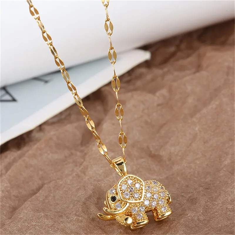 Women's Luxury Cubic Zirconia Elephant Pendant Necklace Stainless Steel Chain Aesthetic Statement Vintage Jewelry for Girls Gift