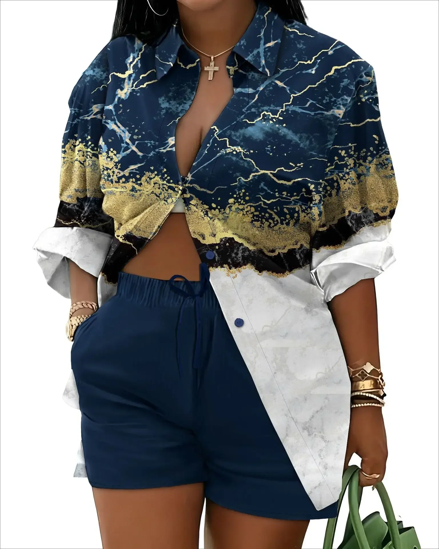 Zweiteilige Sets Damen Outfits Herbst Casual Print Button Langarm Bluse Tops und Shorts Anzug für Damen Streetwear