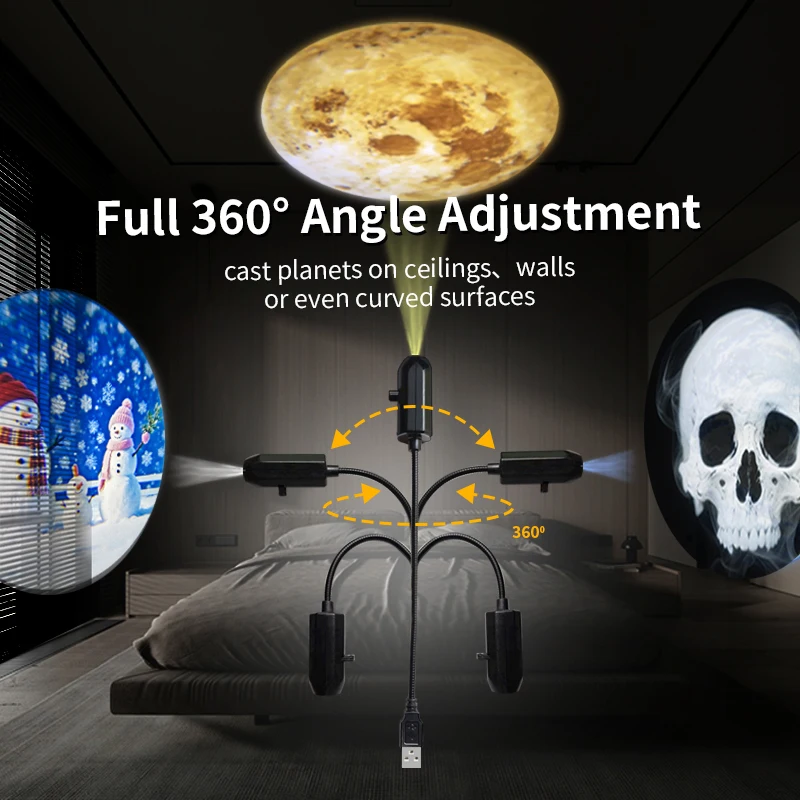 Portable Mini USB Projection Lamp Christmas/Halloween/Planet Theme Atmosphere Light Switchable Pattern Festival Room Decor Gift