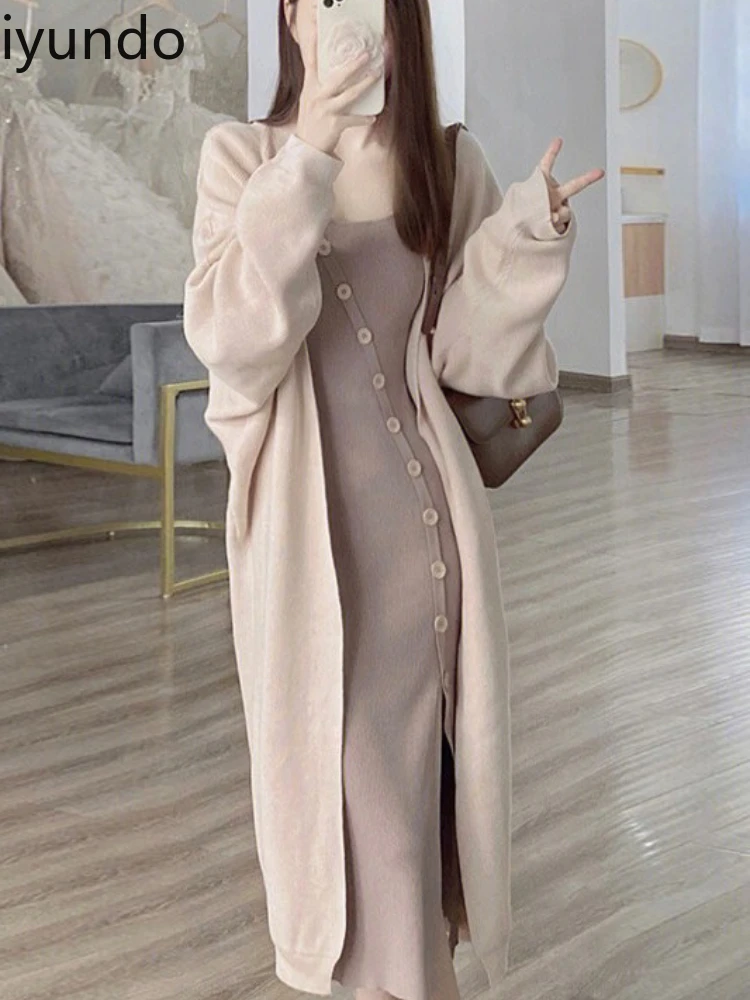 

Autumn Women's Soft French Style Knit Cardigan Sweater Set with Pleated Strapless Dress Two-Piece Outfit for Casual Chic Look