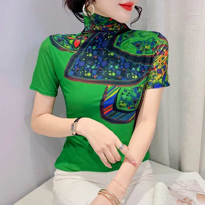 2022 Spring Print Tees Women Turtleneck Soft Short Sleeve T Shirts Lady Mesh Elegant Stretchy Tops Tees Female T-Shirt