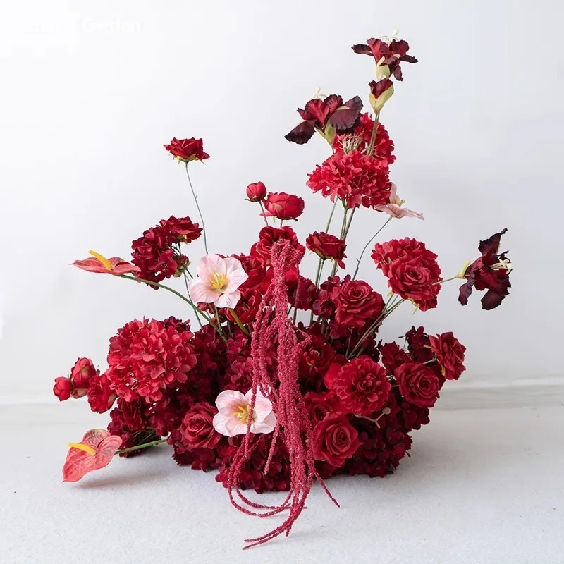 

Red Color Artificial Flowers Wedding Decoration Floral Arrangement Backdrop Decor Road Leading Floor Flower Row Event Props