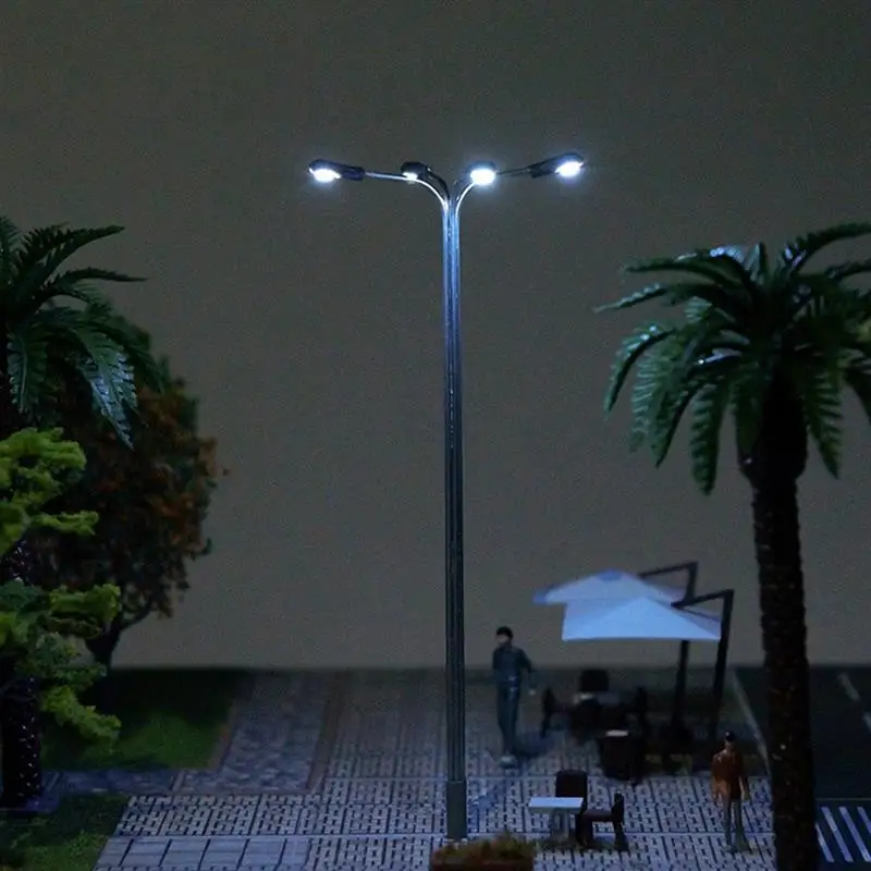 10pcs Miniature Street Model Lamppost Train Garden Single Two Head White/Warm White Light 1:75 HO Scale for Train Layout Scene