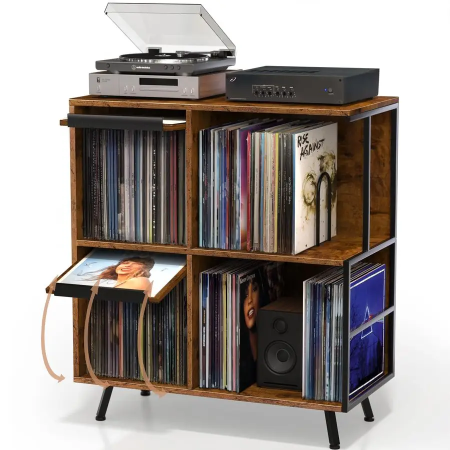 

3 Tier Record Player Stand, Flip Top Record Player Table Holds up to 300 Albums, Large Mid Century Turntable Stand, Record Stor