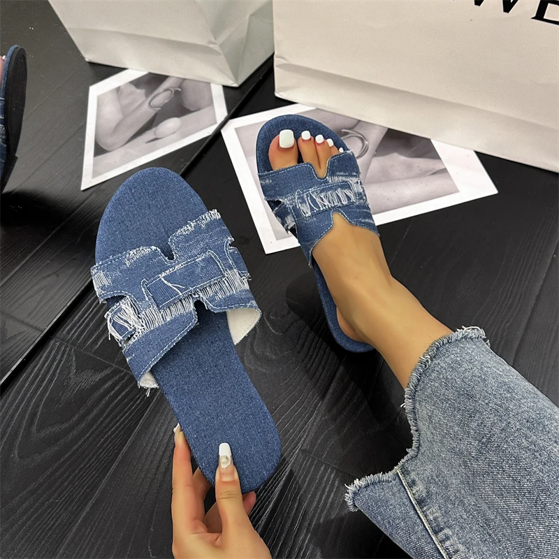 Summer Women's New Denim Sandals Personality European and American Style Large Size 43 Designer Exclusive Design Slippers Women