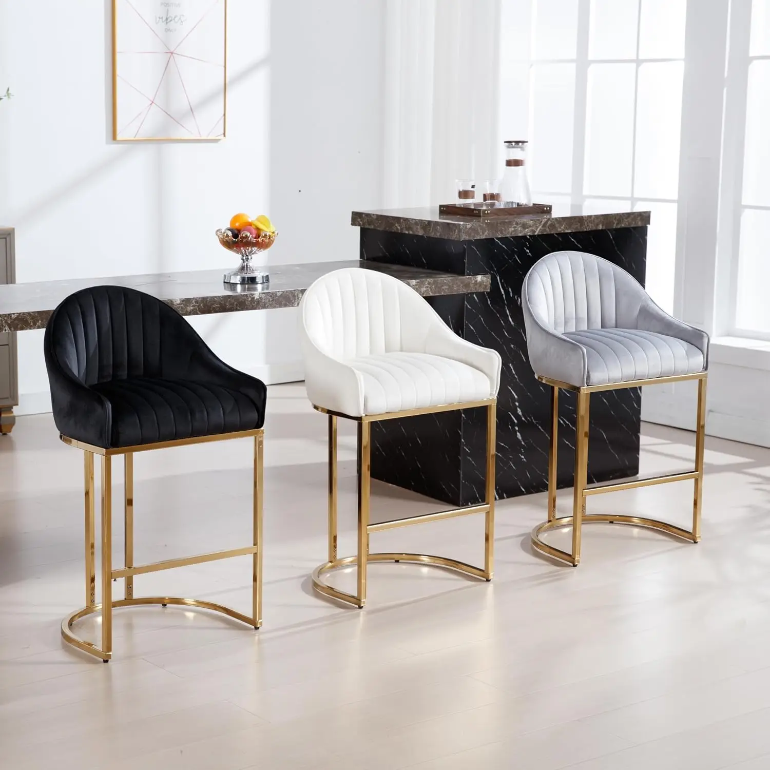 Counter Height Bar Stools Set of 2 Modern Barrel Shell Back Chrome Metal Base 27.5" H Grey Golden Base, Customized - view 6