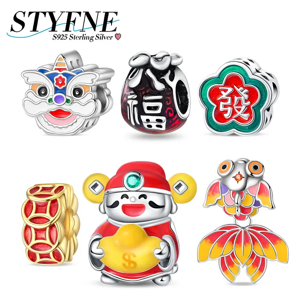 

Beaded Good Luck Koi Chinese Lion Awakening 925 Sterling Silver Charm Fit Original Bracelet Diy Jewelry New Year Gift