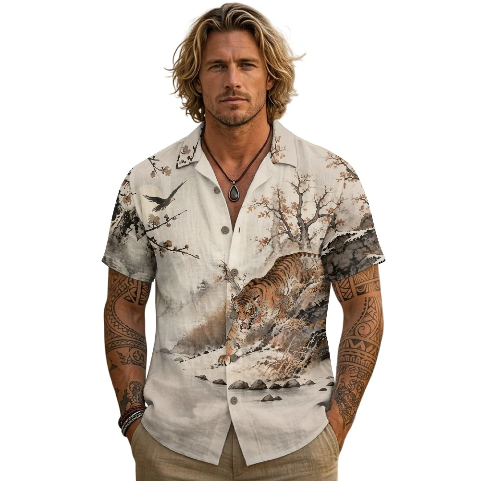 PENSTROLL Ink Tiger Landscape Print Linen Style Button Down Shirt Loose Beach Hawaiian Shirt for Vacation S-3XL