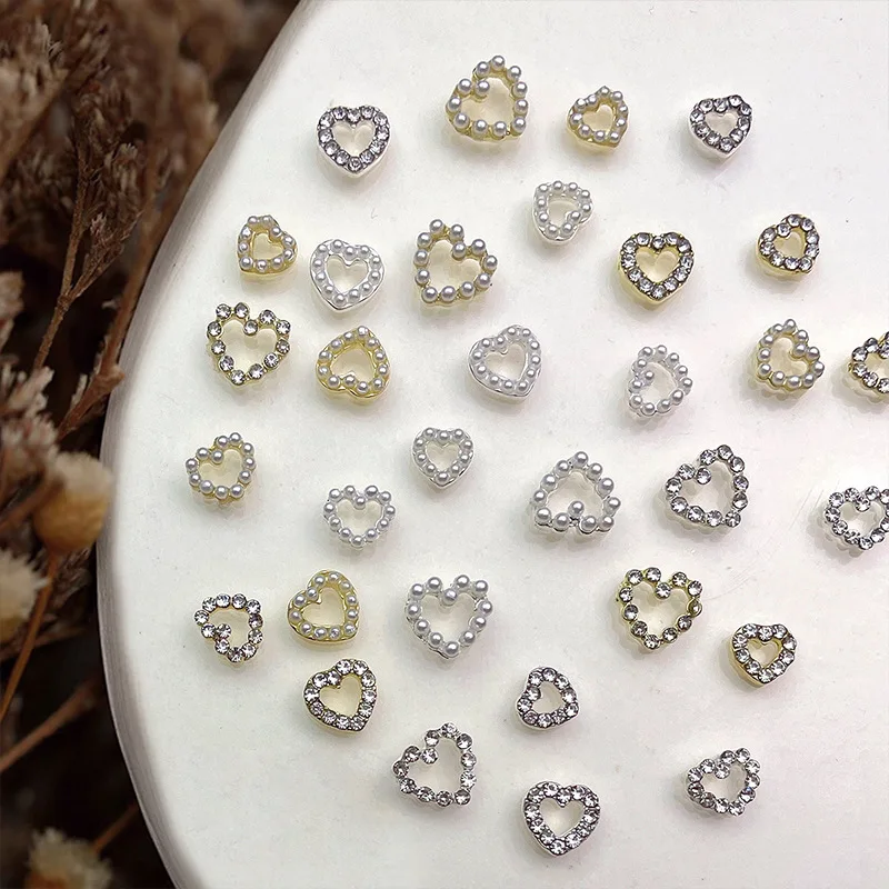 10PCS 3D Luxury Alloy Love Heart Nail Art Rhinestone Pearl Frame Charms Accessories For Manicure Decor Nails Decoration Supplies