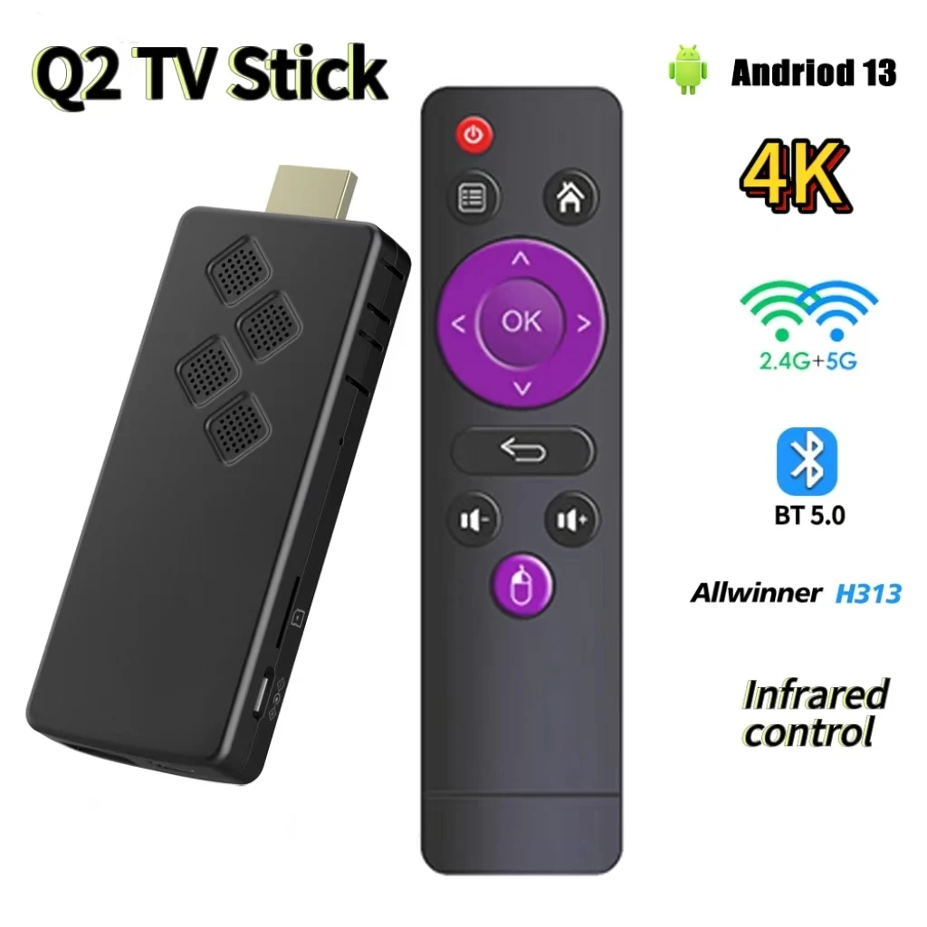 Smart TV Stick Q2 Dual 2.4G5GWifi Youtube Multi-language Streaming Media Player Android13 Netflix 4K HDR10+ Google Assistant