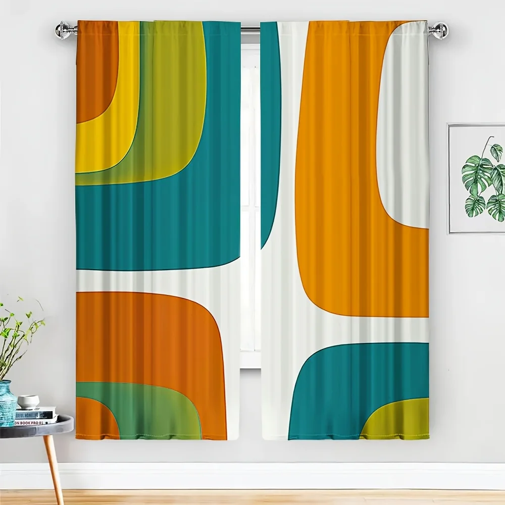 2pcs Mid-Century Abstract Curtains No Rod — Rounded Color Blocks in Orange, Teal & Lime on White for Living Room, Bedroom, Hotel