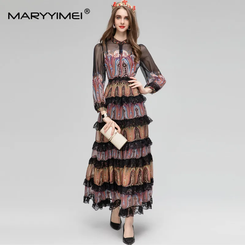 

MARYYIMEI Spring Summer Fashion Designers Women's dress Long sleeved Vintage Indie Folk Print Lace Slim Elegant Dresses