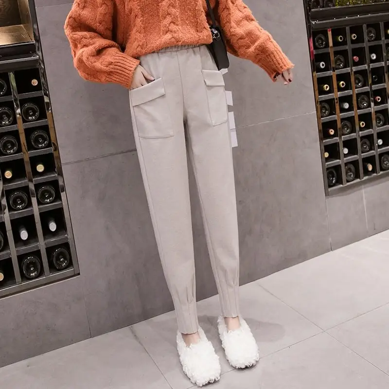 

Autumn and Winter Solid High Waist Elastic Skinny Thickening Pockets Harem Fashion Casual Office Lady All Match Trousers