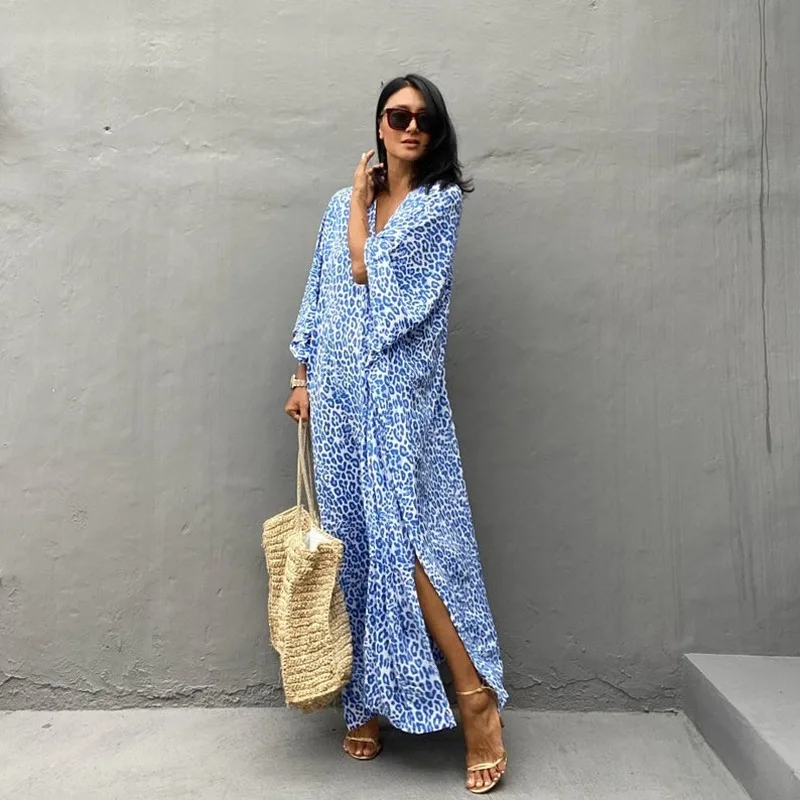 

Summer Dress 175 Skirt Cotton Silk Robe Beach Vacation Loose V-neck Printed Dress Bohemian Tall Beach Dress for Women