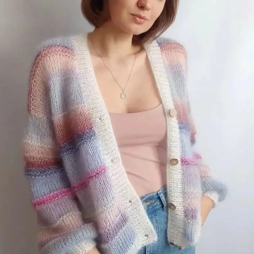 New autumn 2024 mohair sweater cardigan for women thin loose and lazy handmade knitted shirt jacket can be customized tops