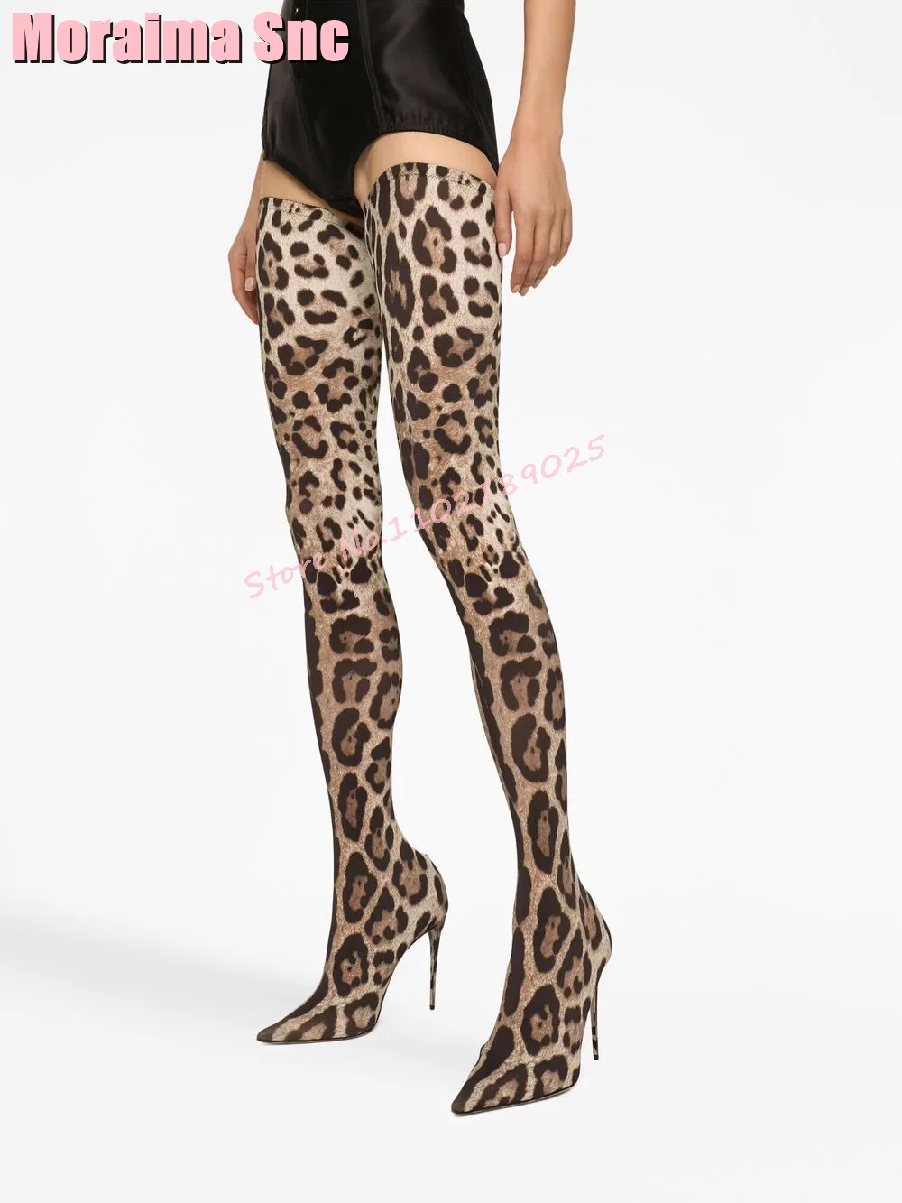 

Sexy Leopard Pointy Toe Thigh High Boots Satin Stiletto High Heel Slip On Stretch Long Boots Fashion Women's Shoes Autumn Winter