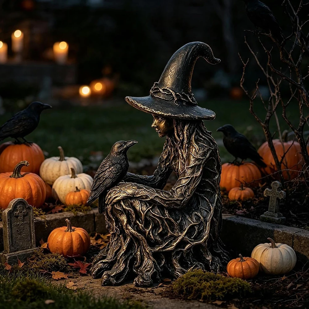 Vintage Gothic Witch Figurine with Raven 7.87 Inch Resin Halloween Sculpture Weathered Antique Style Statue Spooky Home Ornament