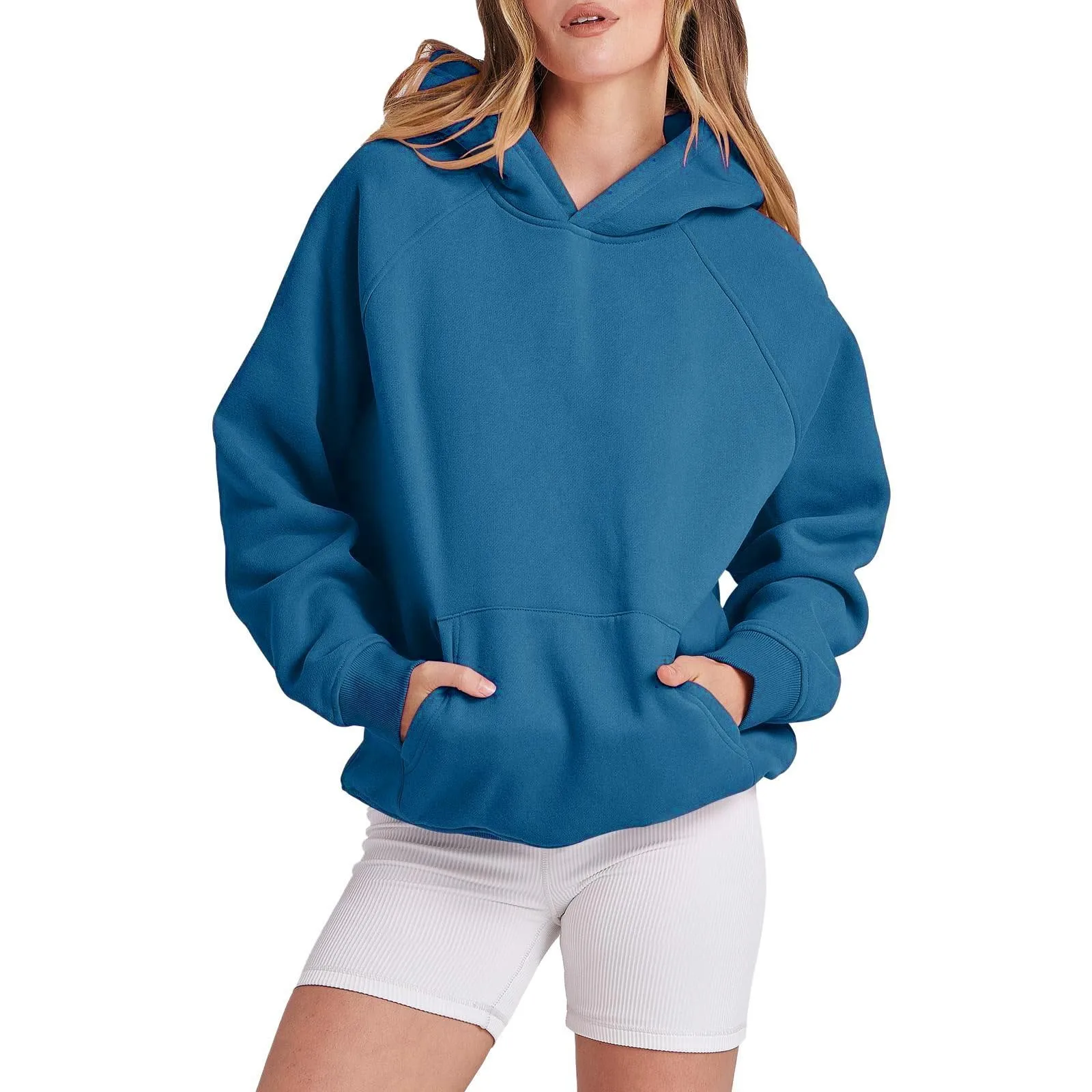 

Women Solid Basic Fleece Letter Loose Hoodie Sweatshirt Long Sleeve Pocket Drop Shoulder Long Fleece Sweatshirts Hoodies