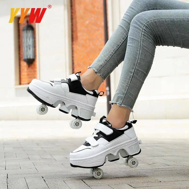 Children Wheels Shoes Roller Sneakers With 4 Wheels Skates Adult Runaway Parkour Deformation Shoes For Women Men Youth Kids Gift