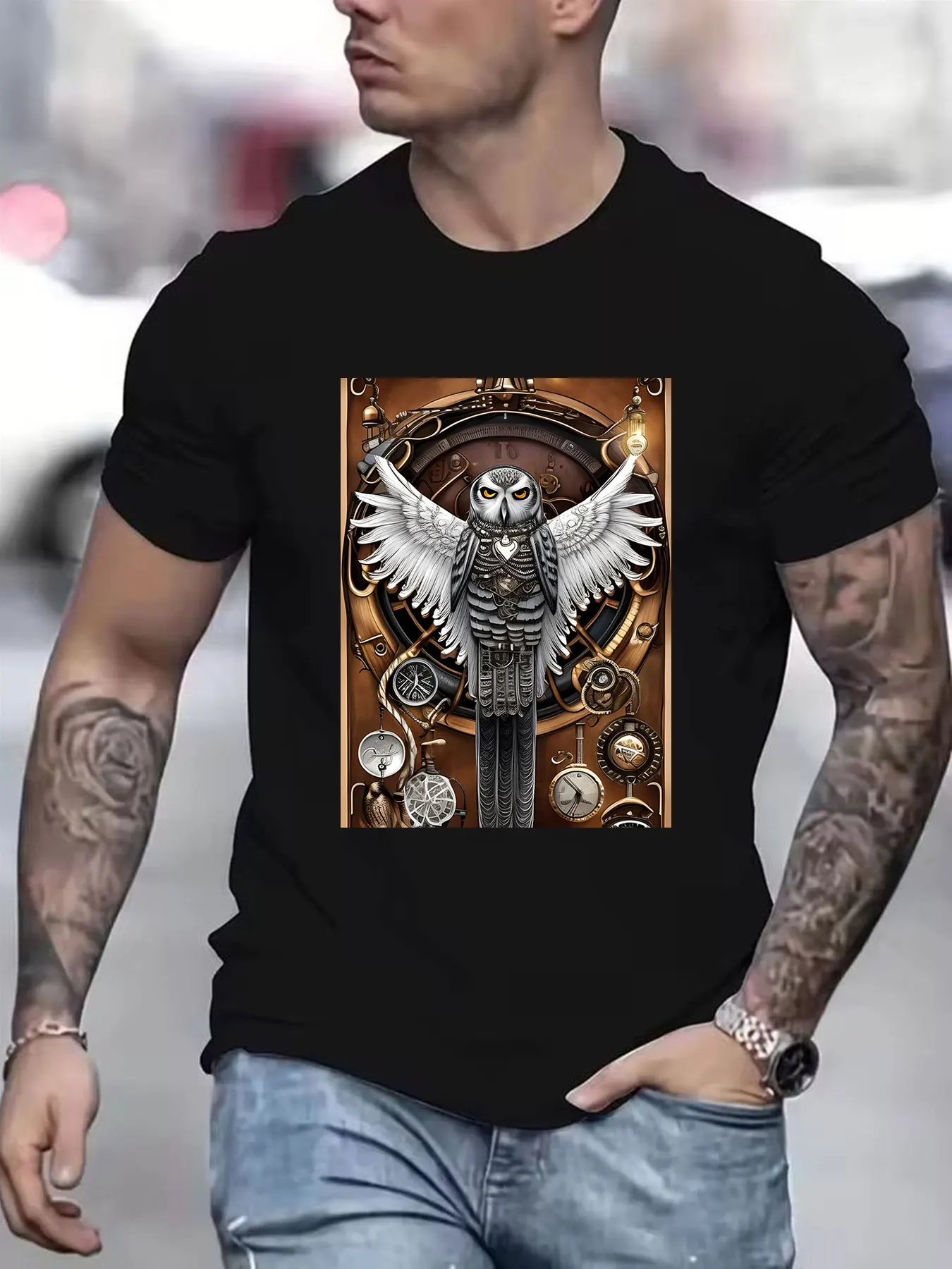 Men's Cotton T-Shirt with Steampunk Owl Print, Vintage Mechanical Clock & Gear Design, Breathable Casual Short Sleeve Tee Men
