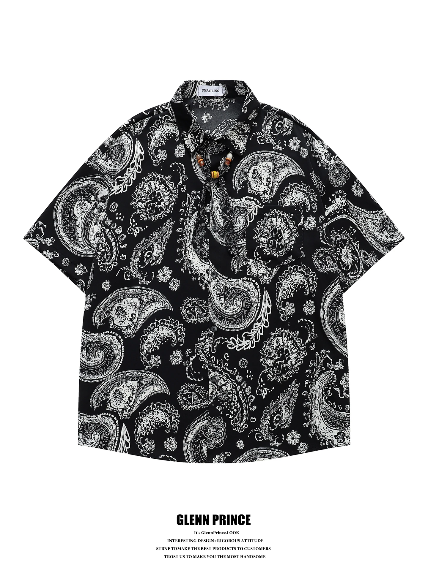 

GPstudio Vintage Beaded Silk Scarf Necklace Walnut Flower Short Sleeve Men's Shirt High-End Feeling Casual Handsome Beach Shirt