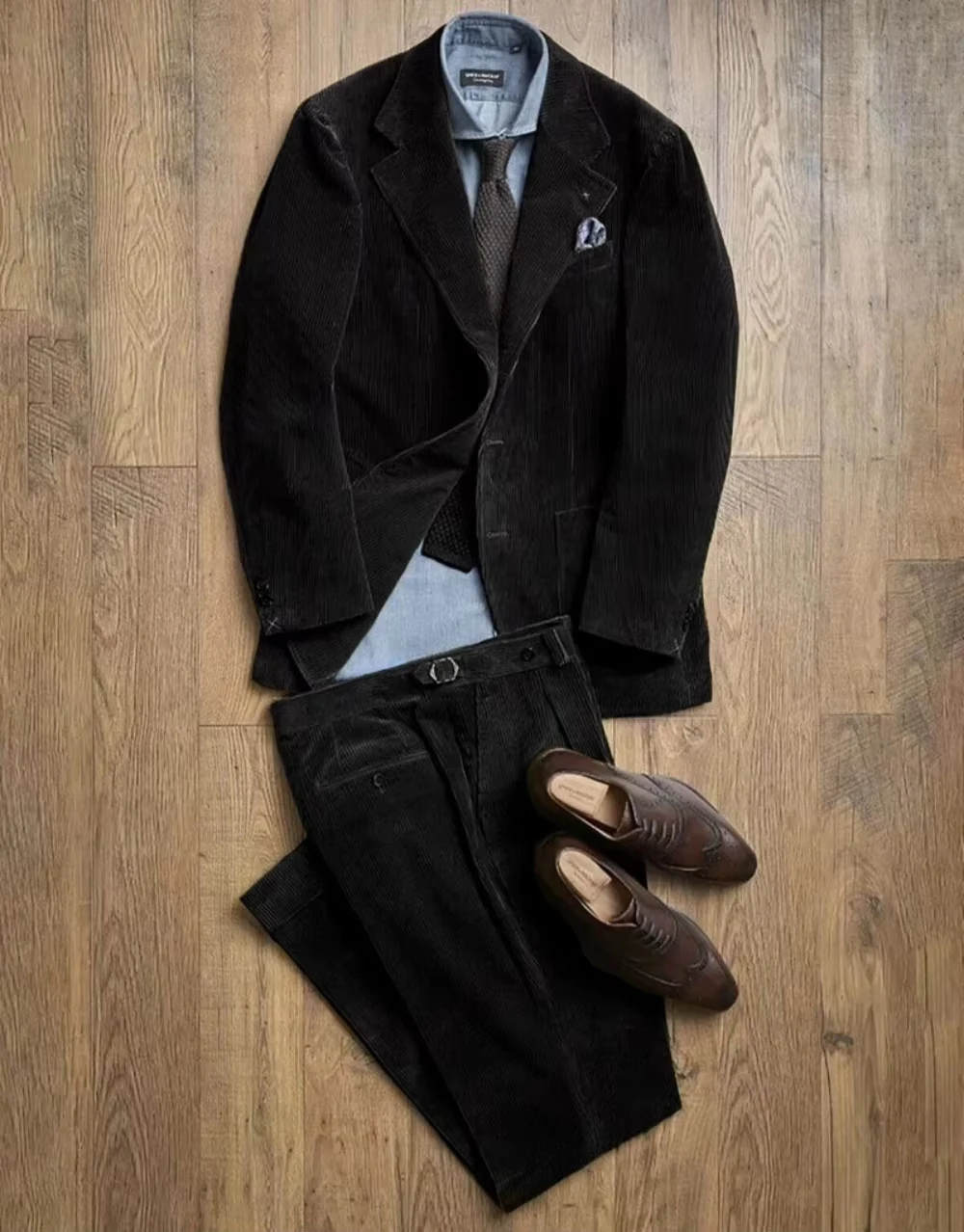 

British style Corduroy Men Coat Wool Blends 2 Piece Set Coat Notched Lapel Man Suits Single Breasted Groom Wear Party Event