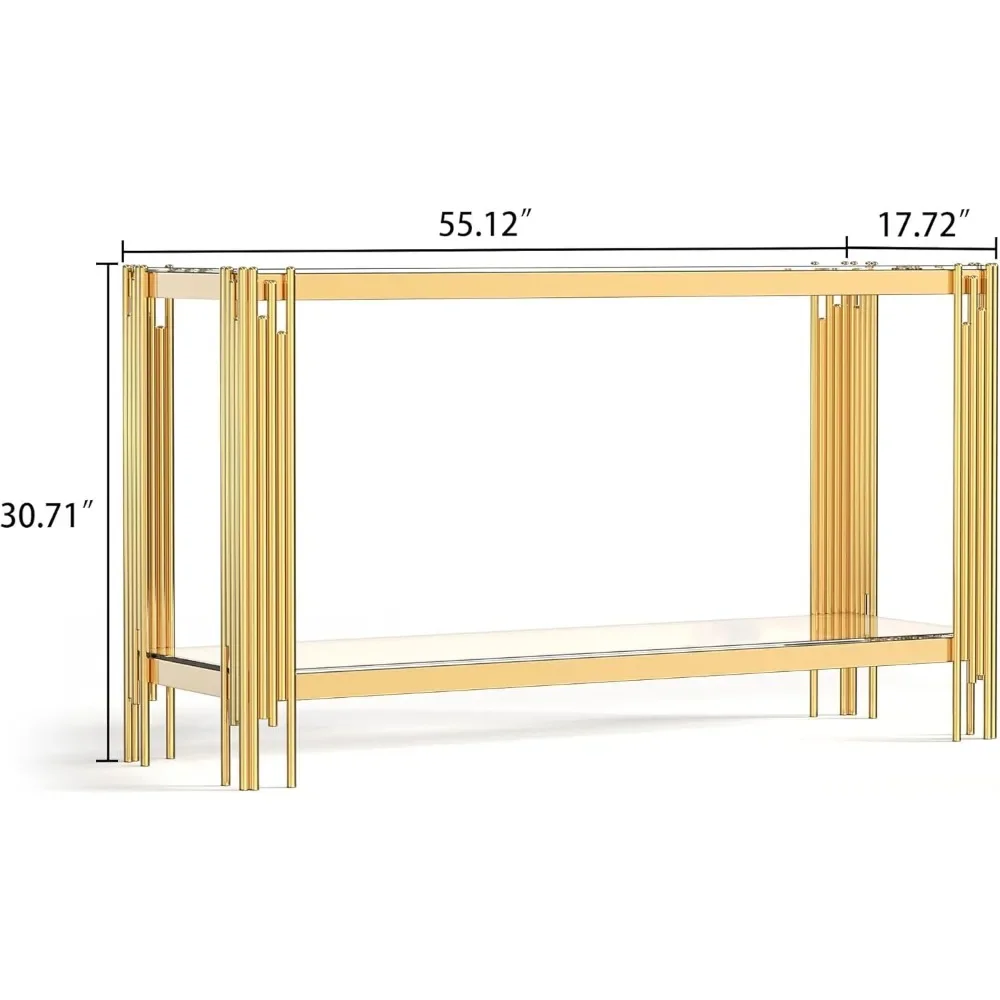 Modern Glass Entryway Table, Long Narrow Console Table with Storage Shelf & Gold Irregular Stainless Steel Tube