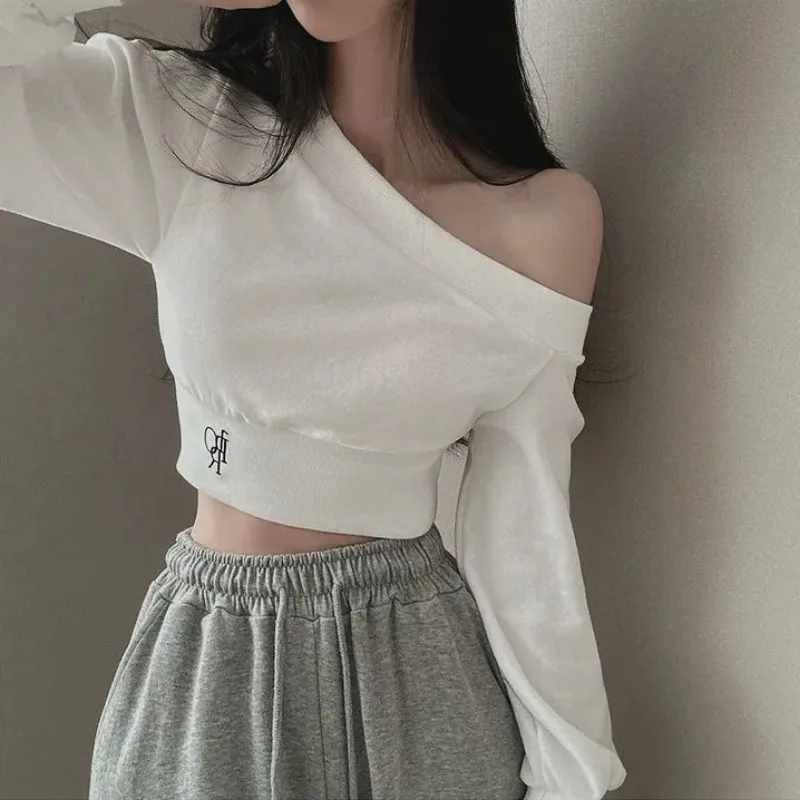 Sexy Slash Neck Off Shoulder Hoodies High Waist Long Sleeve Y2k Streetwear Slim Pullovers Crop Tops Sweatshirts Korean Women