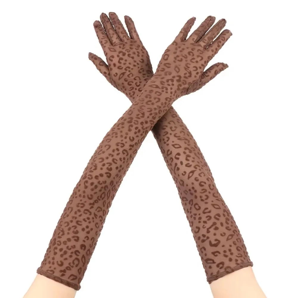 Personality High Elasticity Long Gloves Hollow Breathable Transparent Leopard Print Gloves Full-Finger Soft Mesh Gloves Women