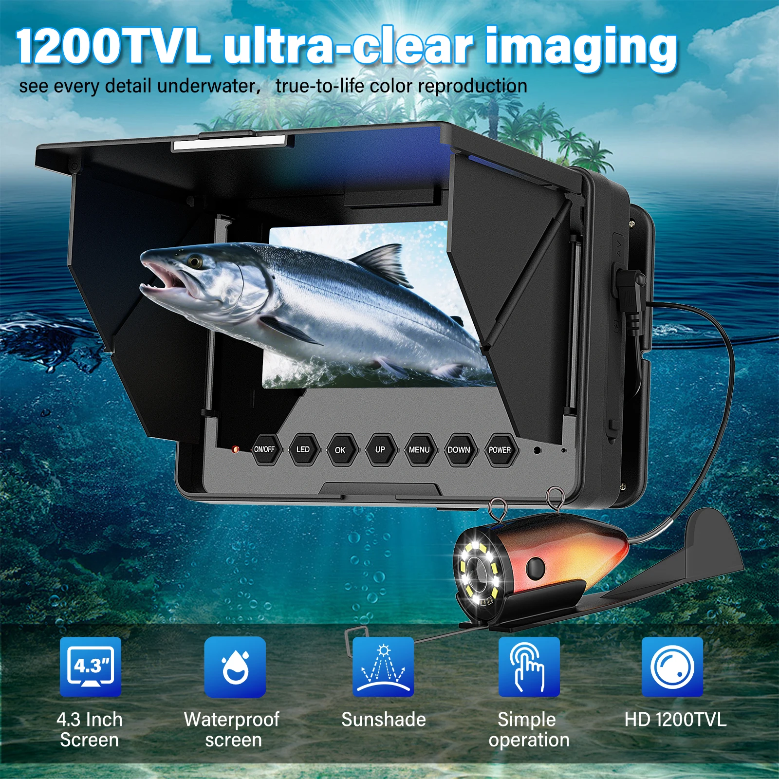 

MAOTEWANG 4,3 "Эхолот 1200TVL камера для подводной рыбалки 6 шт. белая + 6 шт. инфракрасная лампа для зимней/морской/речной рыбалки 15/30/50 м