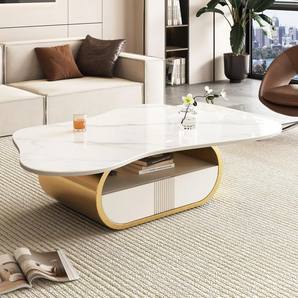 

Modern Butterfly Inspired Coffee Table with Oval Sintered Stone Top with Storage Drawer Stainless Steel Base for Living Room