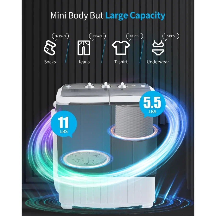 Mesin Cuci Mini Portable Twin Tub 16.5lbs, Mesin Cuci Semi Otomatis Kompak dengan Pengering, Mesin Cuci Portable Top Load untuk Asrama A