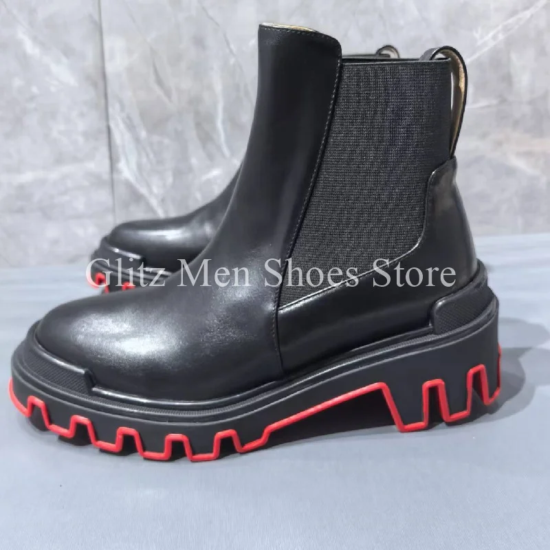 Black New Men's Chelsea Ankle Platform Boots Round Toe Fashion Casual British Style Handmade Elastic Office Shoes Men Boots