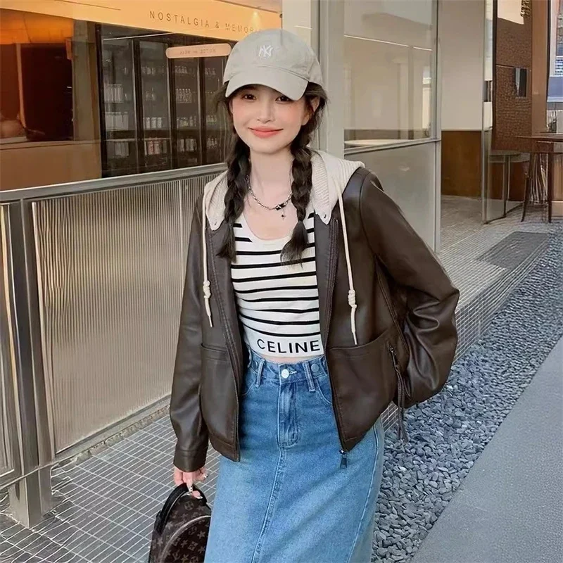 

Hot 2026 Springautumn New Womenclothing Short Stylehigh End Temperament Fashionversatile Casual Loose Hooded Leather Jacket Tops