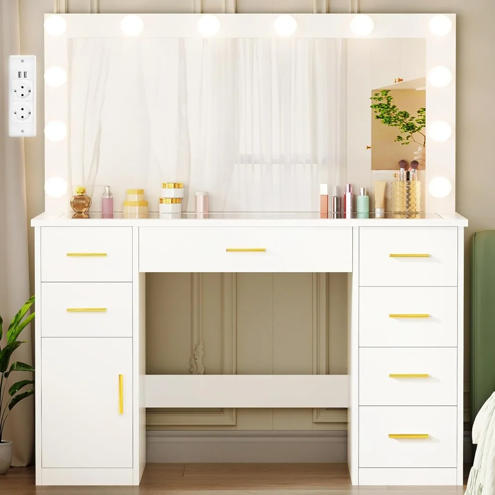 Grande Coiffeuse avec Miroir et Prise, éclairage LED Réglable,Table de Maquillage avec 7 Tiroirs Coiffeuse Moderne avec Grand