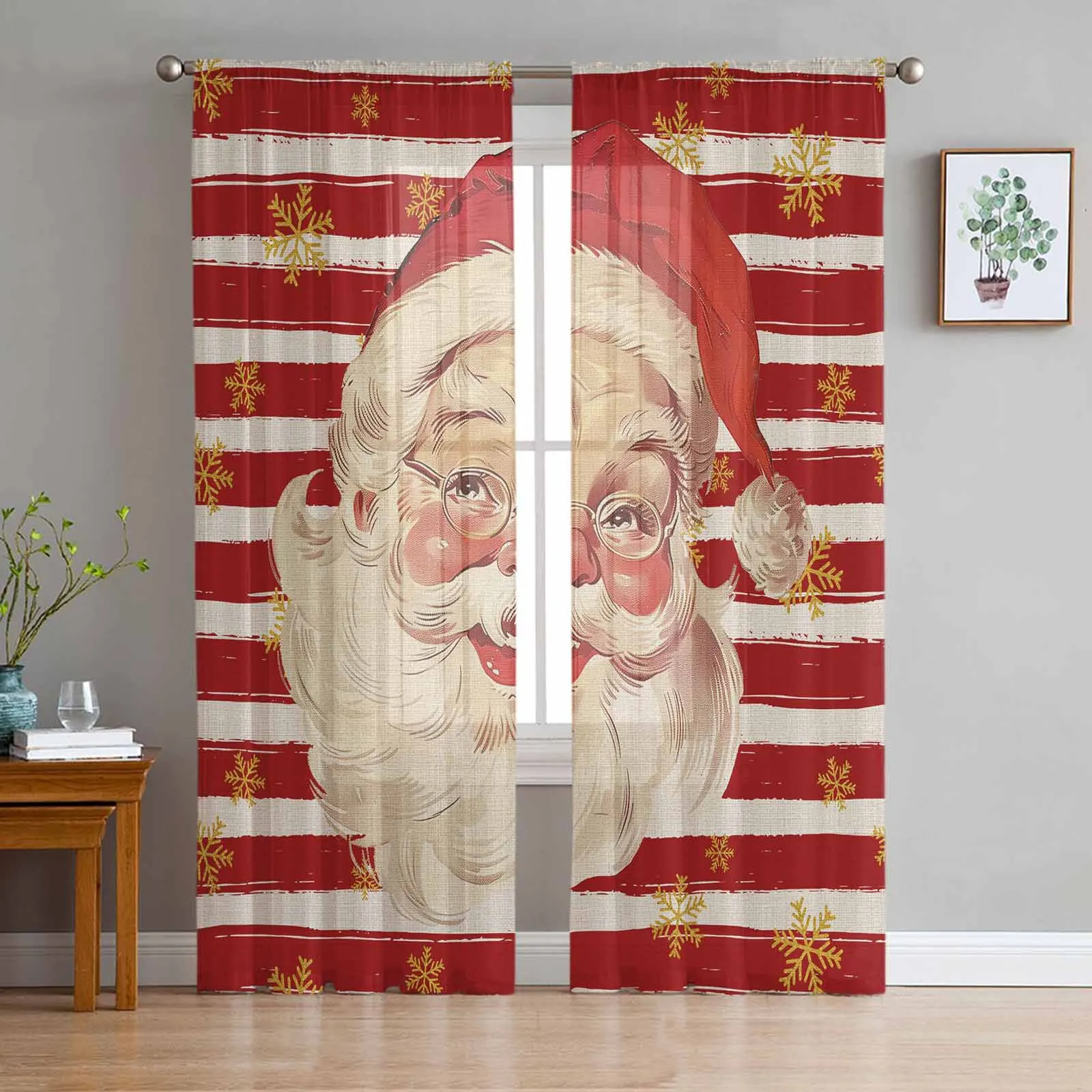 Christmas Santa Claus Watercolor Snowflakes Window Treatment Tulle Modern Sheer Curtains for Kitchen Living Room Curtains Decor