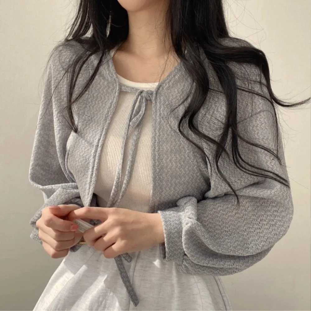 

Korean Style Knitted Cardigan Short Long Sleeve Raglan Sleeve Knitwear Tops Lantern Sleeve Thin Sweater Shawl Spring Autumn