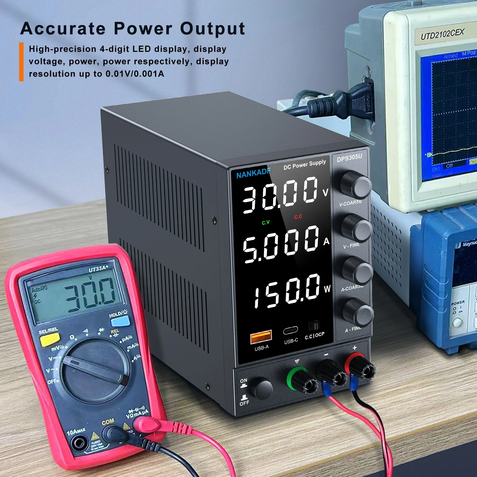 Imagem -02 - Fonte de Alimentação dc Ajustável de Posições Banco de Laboratório 30v 5a 30v 10a 220v 115v ac Conversão de Comutação Usb Tape-c Carregamento Rápido