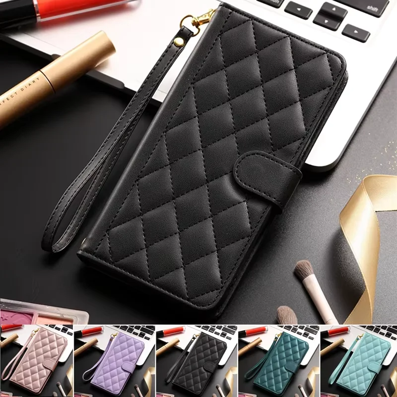 Karierte Leder-Mappenhülle für Samsung Galaxy A06 A16 A26 A36 A56 5G A05S A15 A35 A55 A25 Lanyard Flip Phone Cover