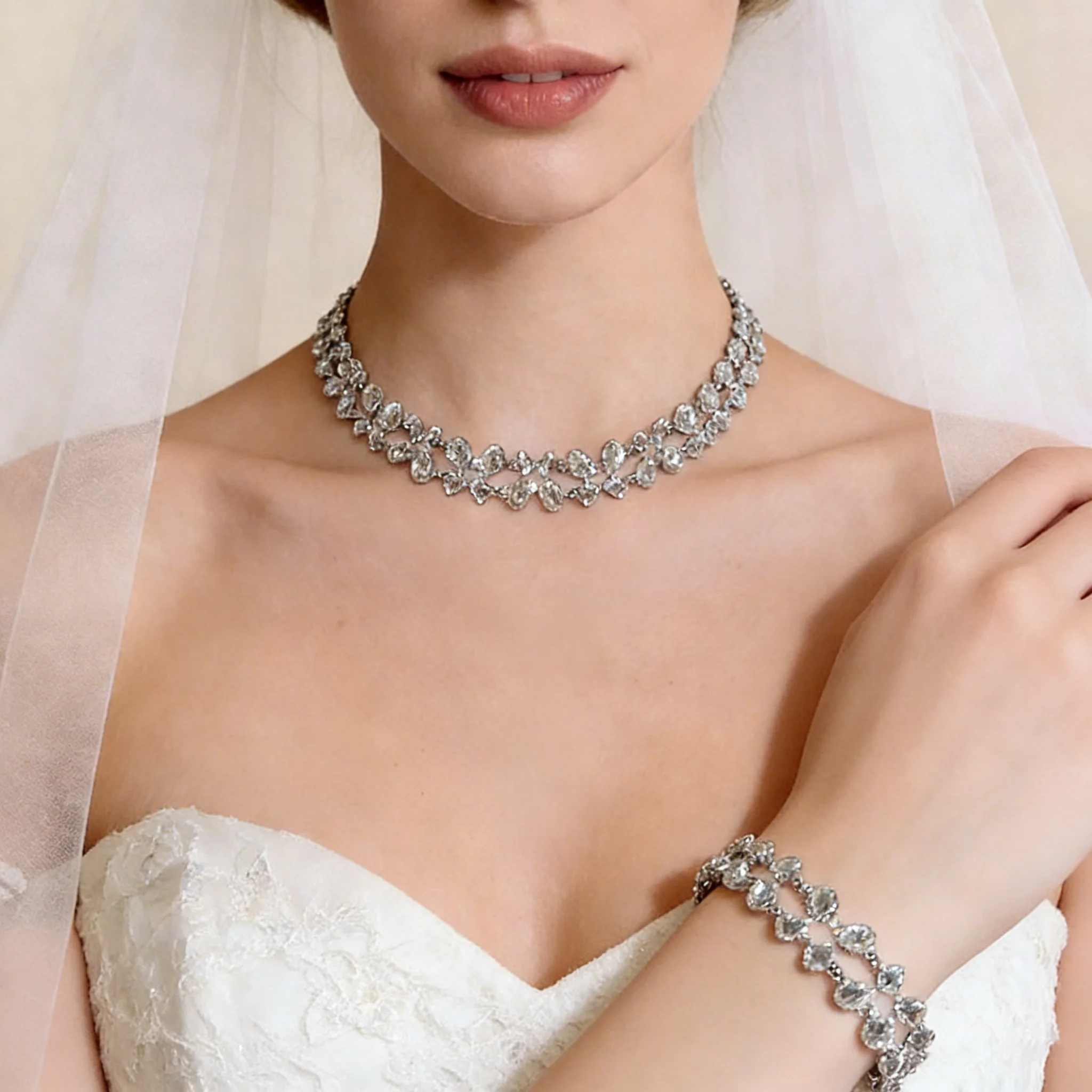 Luxury Double Layer Rhinestone Necklace Bangle for Bridal Jewelry Set Shiny Crystal Chokers Wedding Evening Party Accessory A