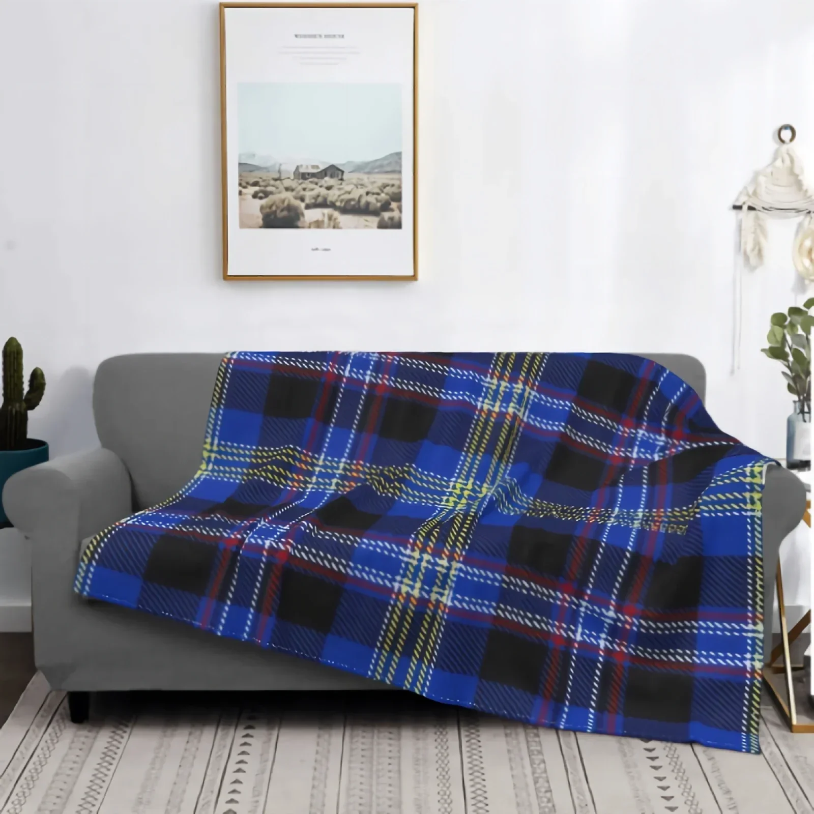 Blue Black Yellow Plaid Blanket Tartan Plaid Scottish Seamless Pattern Blanket Super Soft Cozy Plush Microfiber Fluffy Blanket