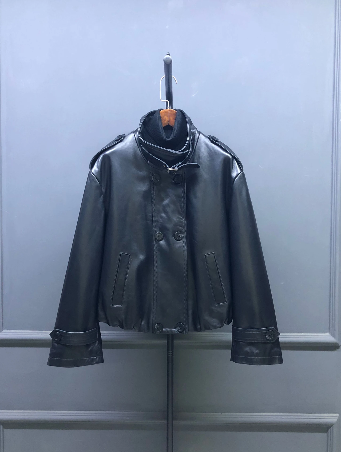 Giacca in Vera Pelle di Pecora alla Moda, Monocolore, con Collo Alto e Maniche Lunghe, Stile Motociclista