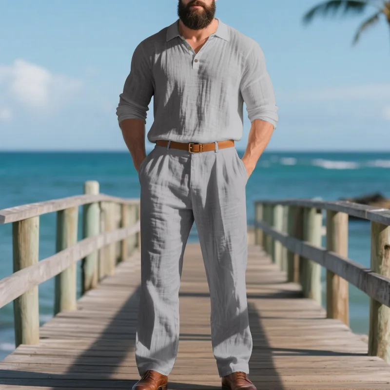 Sommer Herren Leinen 2-Teiliges Set Langarm Poloshirt Hose Einfarbig Lässig Atmungsaktiv Leicht Pendler-Outfit – Detail 21