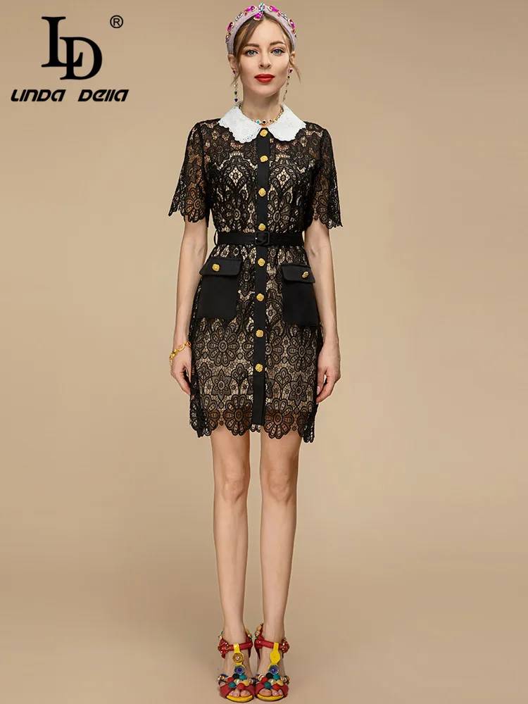 LD LINDA DELLA 2023 Runway Summer Dress Women Short sleeve Vintage Lace Hollow Out Single Breasted Belt Slim Short Black Dress